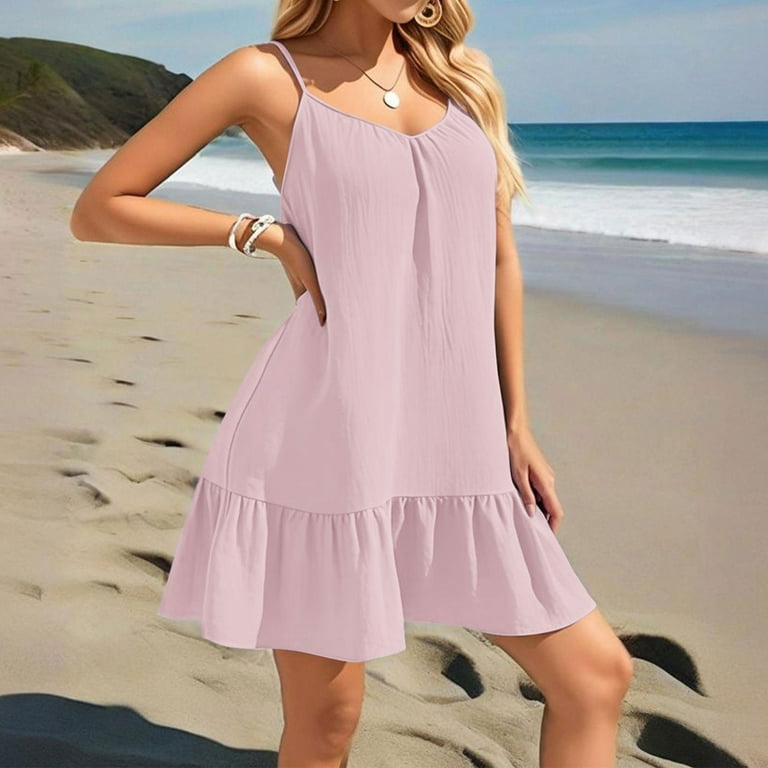 Tianiyouqing Women's Plus Size Ruffle Hem Cami Mini Dress Spaghetti Strap Swig Flowy Summer Loose Short Dresses Pink M, Size: Medium