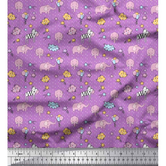 Soimoi Tissu Poly Georgette Cloud, Star & Cute Elephant Décor pour Enfants Tissu Imprimé au Mètre 42 Pouces de Large