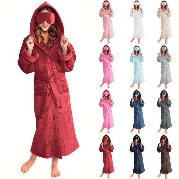 siminsem Women’s Fleece Robe with Pockets Plush Hooded Bathrobe Warm Soft Loungewear Long Spa Robe Lightweight Comfy Nightgown Wrap Robe with Tie Waist, Red,L