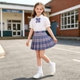 thumbnail image 2 of Cotton Two Piece Skirt Set for Girls Summer Puff Sleeve Collared Top Plaid Skirt Bow Tie Preppy School Uniform Outfit for Class Photos Party Recital, 2 of 6