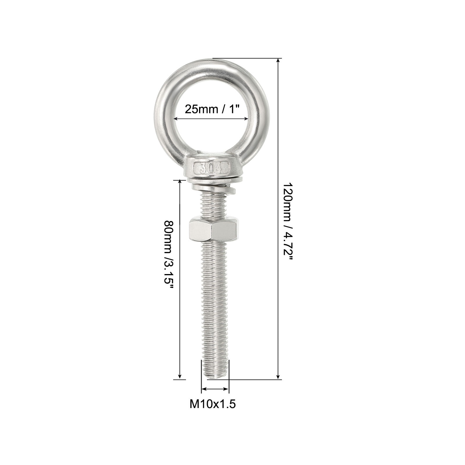 M10x60 3/8"x3.15" Stainless Steel Eye Bolts Threaded Screw Eyebolt Shoulder Ring with Nuts Washers 2 Set