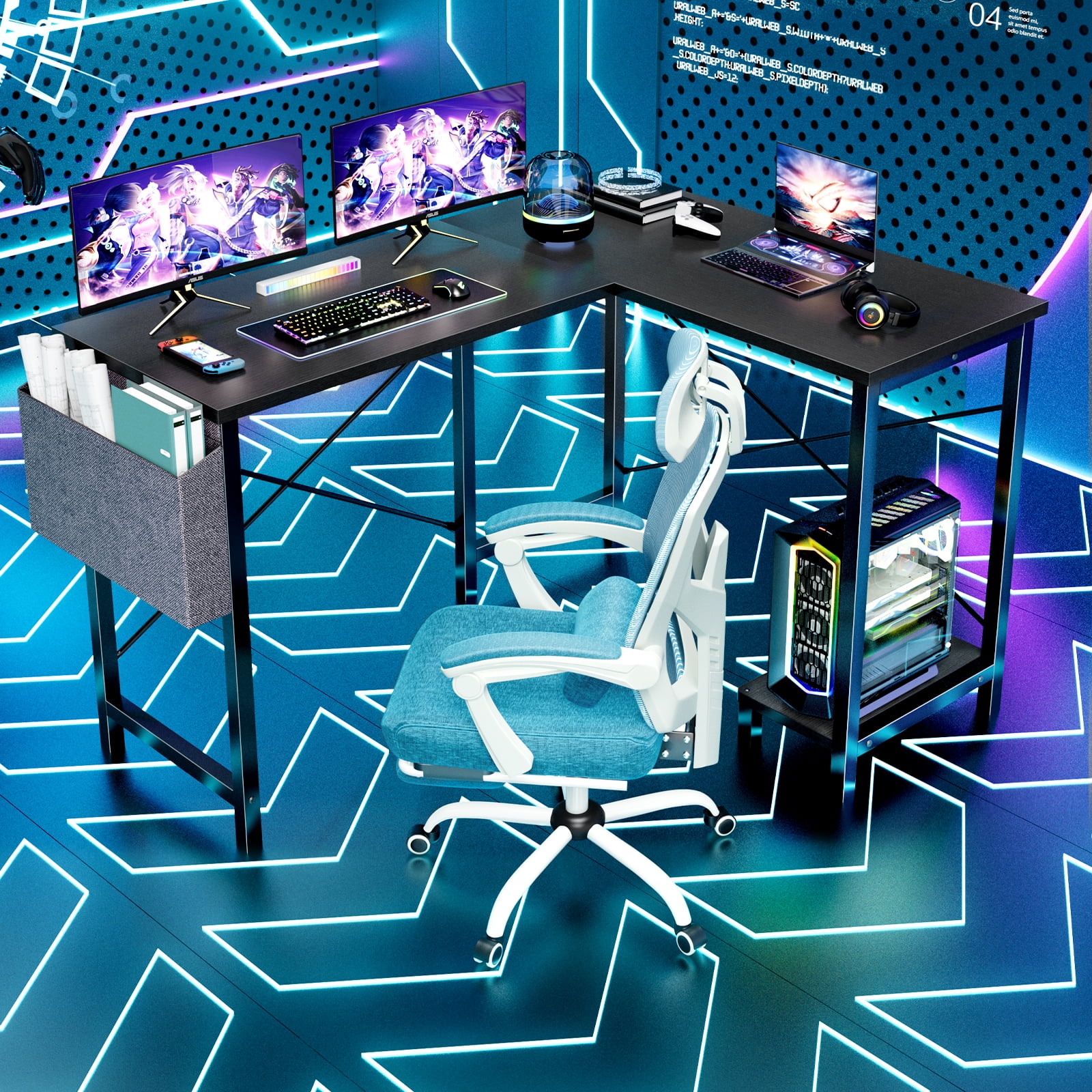 EDX L Shaped Gaming Desk with Wooden Desktop CPU Stand Side Bag Reversible for Home Office Small Space, Black