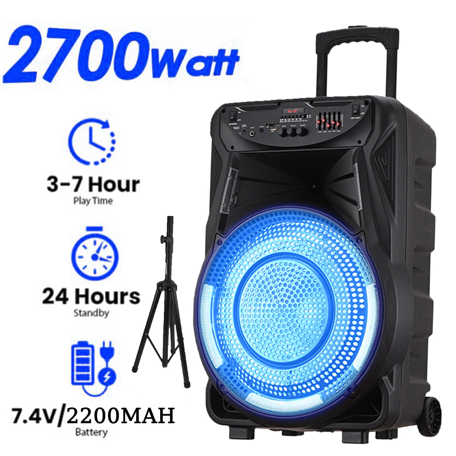 2700W Portable Bluetooth Speaker with Tripod Stand 15" Woofer Party PA Sound System Horn Tweeter Mic