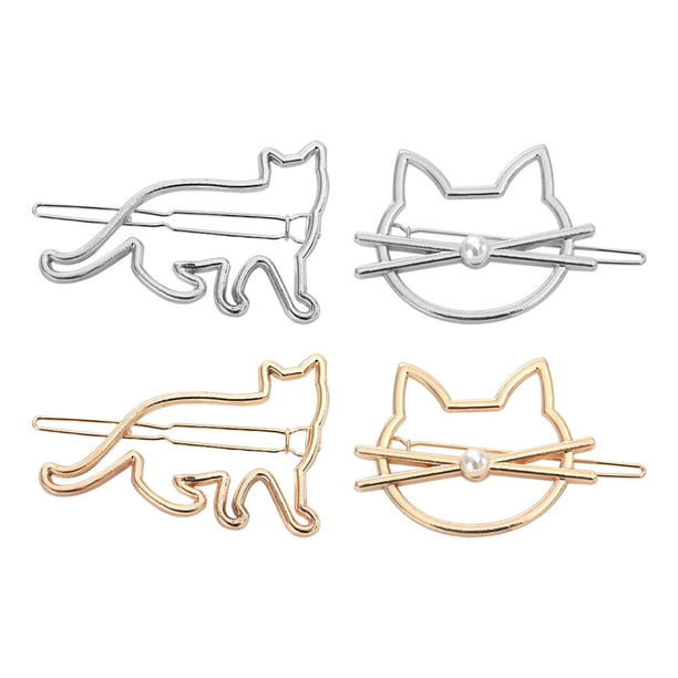 EeaseMX 4 pinzas para el pelo con forma de gato, pasadores metálicos para mujeres y niñas (doradas, plateadas, doradas y plateadas)