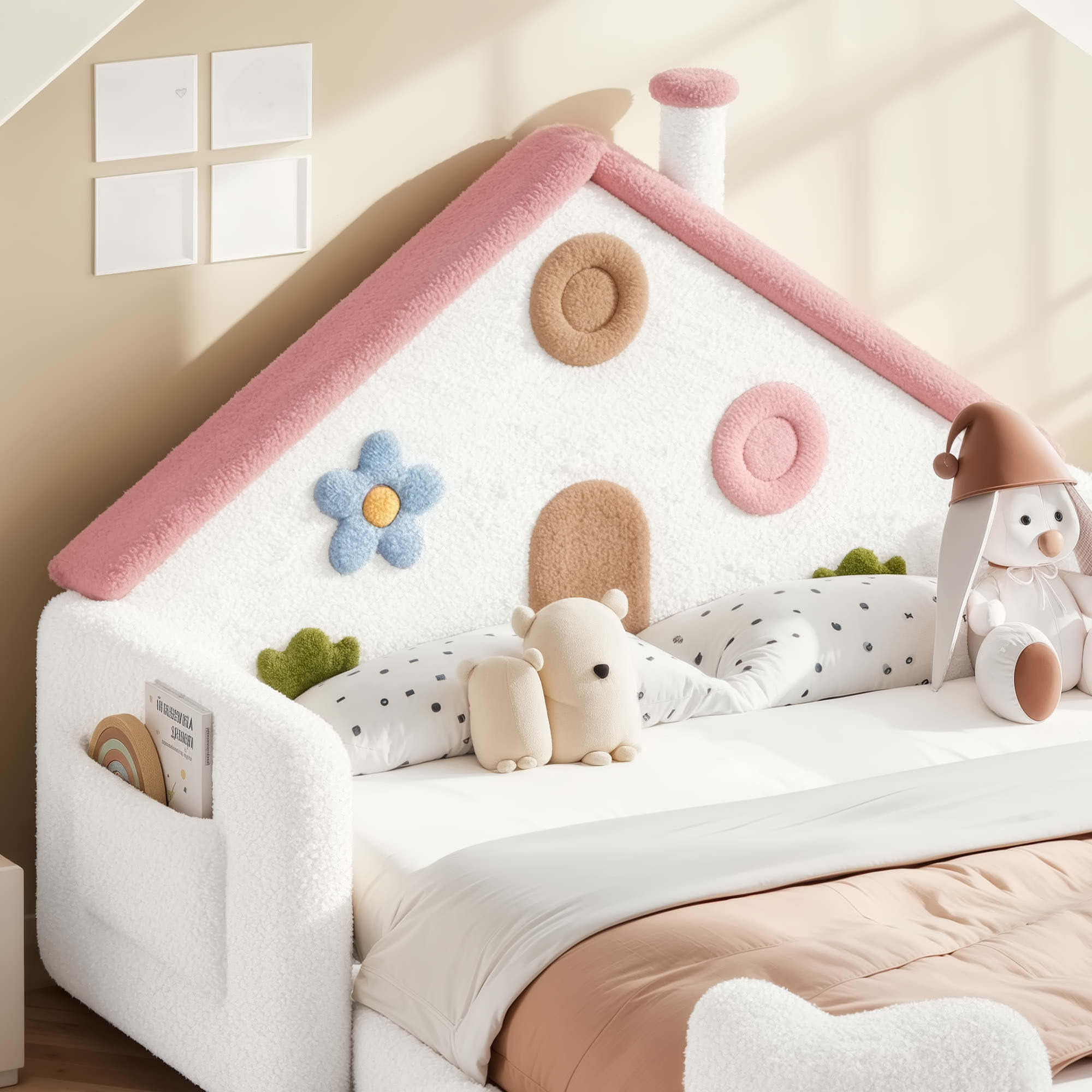 HOQBN Full House Shaped Upholstered Floor Bed, Upholstered Kids Bed with Safety Side Rails, Low Floor Playhouse Bed for Nursery & Kids Bedroom White & Pink