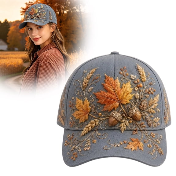 Autumn Foliage Vintage Washed Thanksgiving Baseball Cap, Comfort Adjustable Breathable Hat With Delicate Maple Leaf Acorn Botanical Embroidery, Outdoor Casual Sun Hat Cute Gifts for Women for Her