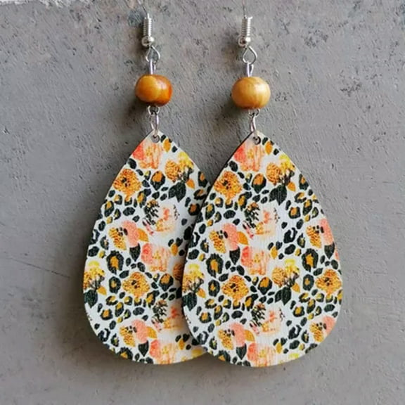 Ethnic Colorful Flower Leaf Pattern Wood Beads Teardrop Statement Earrings