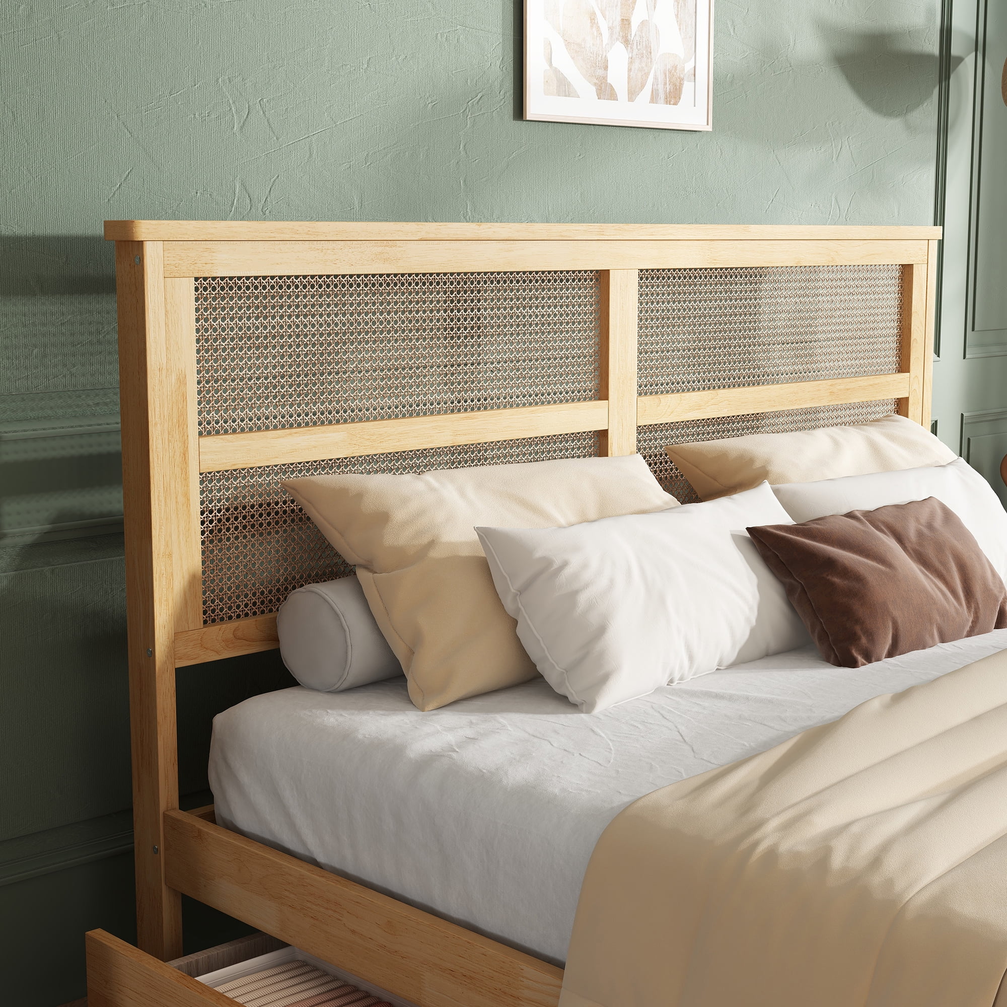 Leumius King Size Bed Frame with Rattan Headboard, Two Storage Drawers, Rubber Wood Bed with Enhanced Support Slats and Feet for Teens and Adults Oak