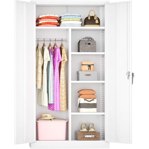 Greenvelly Metal Wardrobe Closet with Doors and Shelves,72" Armoire Wardrobe Closet for Hanging Clothes for Office, Bedroom, Laundry Room, School, Employee,Gym(White)