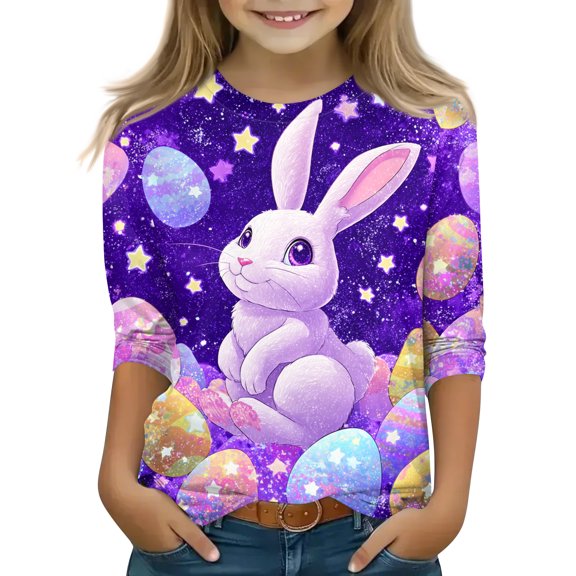 YOUYEDIAN 2026 Easter Girls 3/4 Length Sleeve Shirts Funny Bunny Graphic Tee Tops Festival Cute Cotton T-Shirt Outfits (Purple, 8-9 Years)