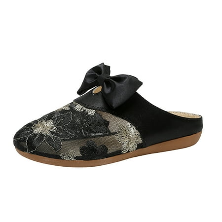 

Women s Casual Shoes Ladies Fashion Breathable Mesh Flower Embroidery Bow Decoration Flat Bottom Slippers