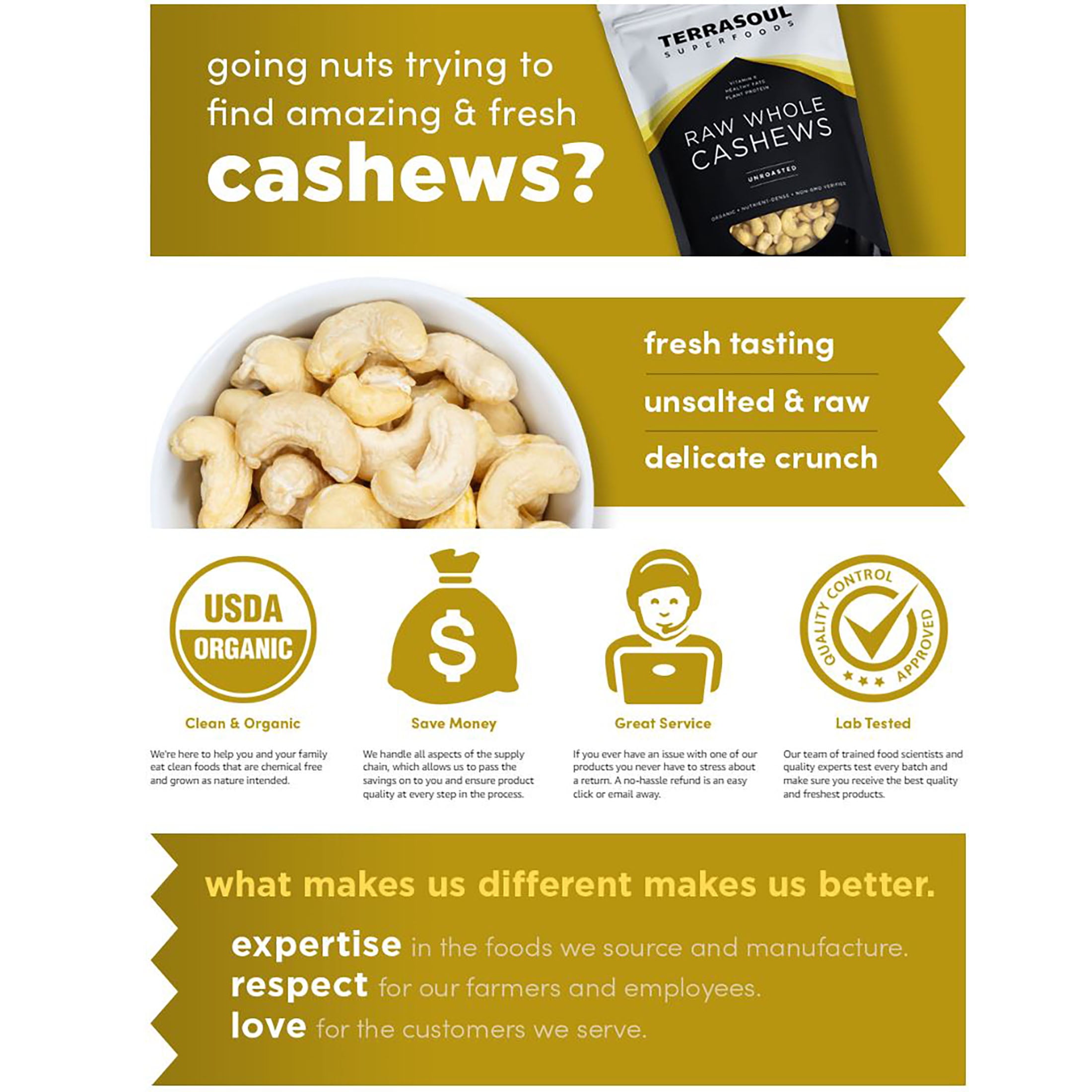 Terrasoul Superfoods Organic Raw Whole Cashews, 4 Lbs (2 Lbs 2-Pack) - Great for Snacking, Baking, and Culinary Creations