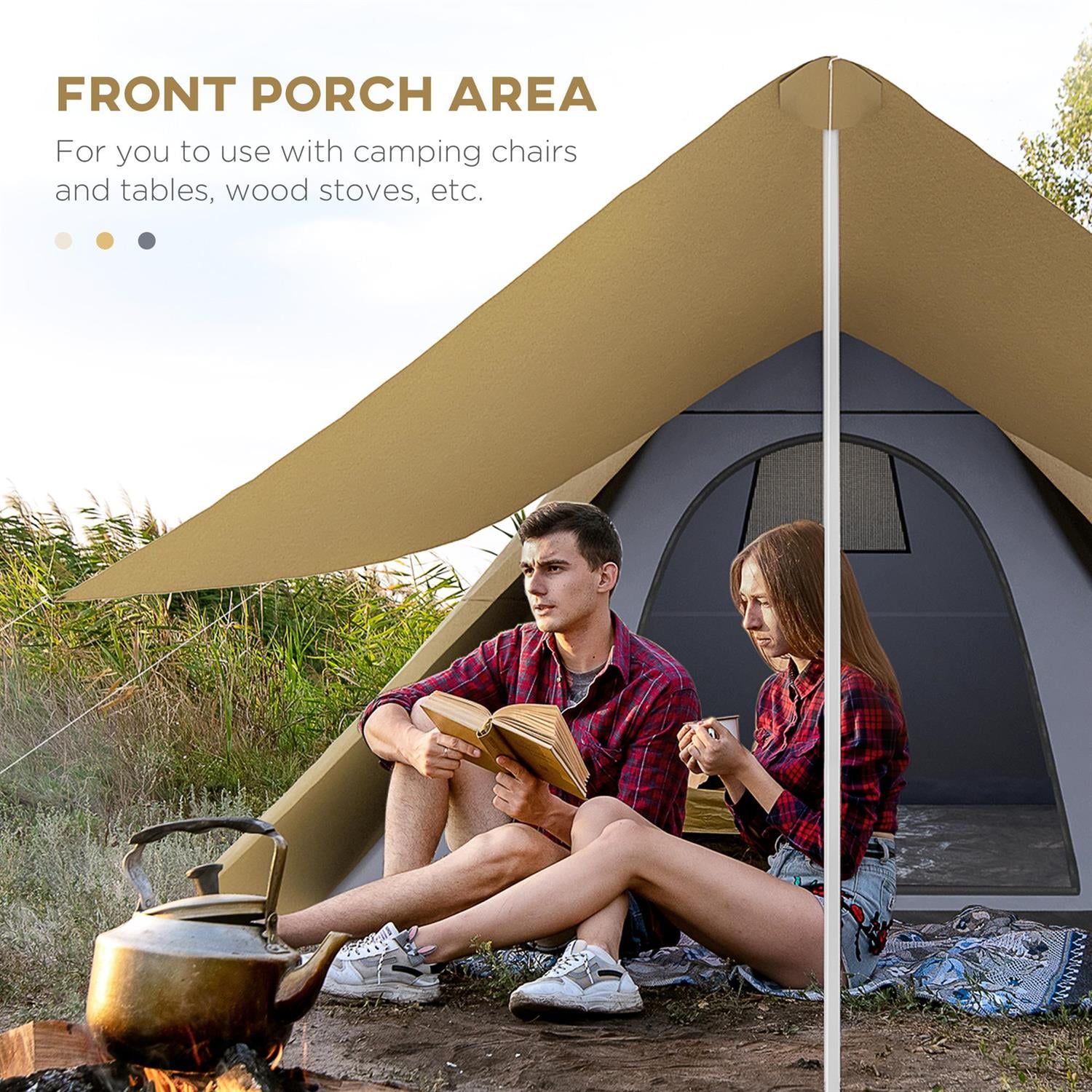Demifill 2-3 Person Waterproof Teepee Camping Tent - Brown, 15.4'x15.4'x8.5' Size, With Porch Area, Floor & Carry Bag for Outdoor Activities