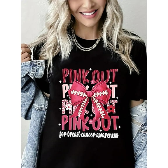 Breast Cancer Awareness Tshirt Pink Out Print Short Sleeve Shirt for Women