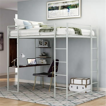 Twin Size Metal Loft Bed Frame with Desk and Shelves, Loft Bed with 2 Built-in Ladders and Full Length Guardrail, Under Bed Space, No Box Spring Required