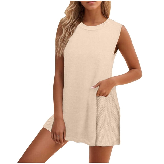Timegard Ensembles Lounge pour Femmes Col Ras du Cou Mi-Long Débardeur Shorts Tenues en Tricot Confortables Mode d'Été