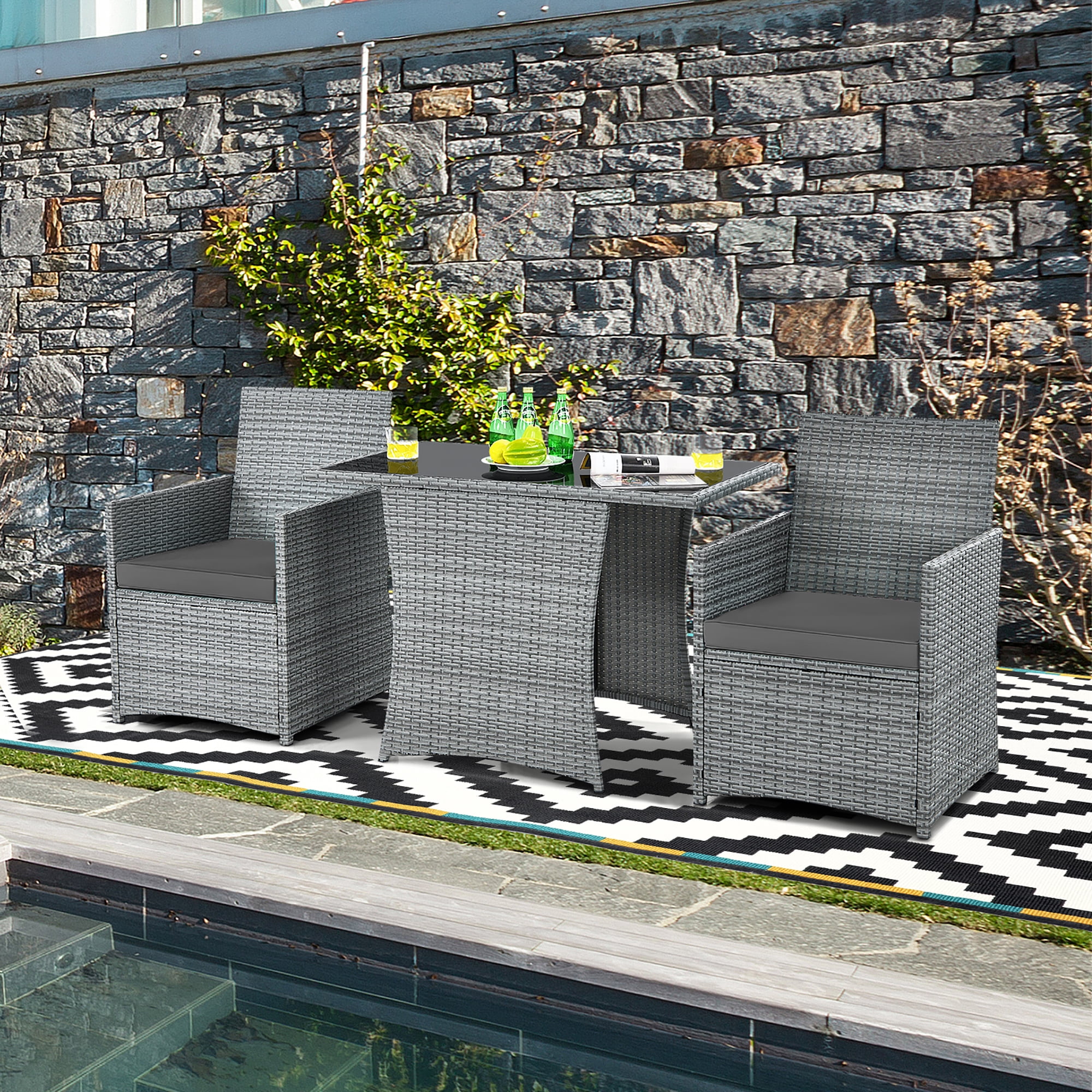 Costway 3PCS Patio Rattan Furniture Set Cushioned Sofa Armrest  Garden Gray