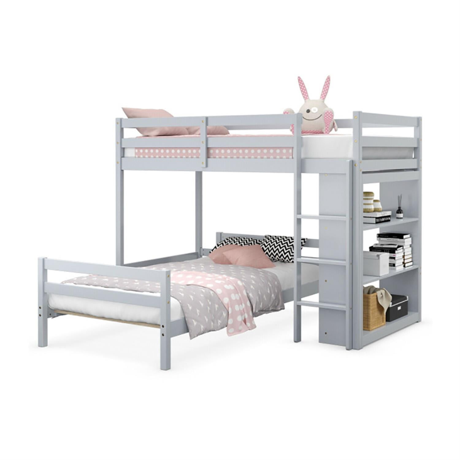 Demi Bonn Twin Over Twin Loft Bunk Bed with Bookcase, Twin Bunk Beds, Space-saving Solid Wood House Bed Frame, Gray