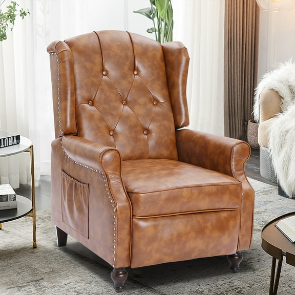 Wingback Recliner Chair with Heat and Massage, PU Leather Push Back Recliner Chair for Living Room, Vintage Wingback Recliner with Remote Control,Padded Cushion,Backrest,Wooden Legs