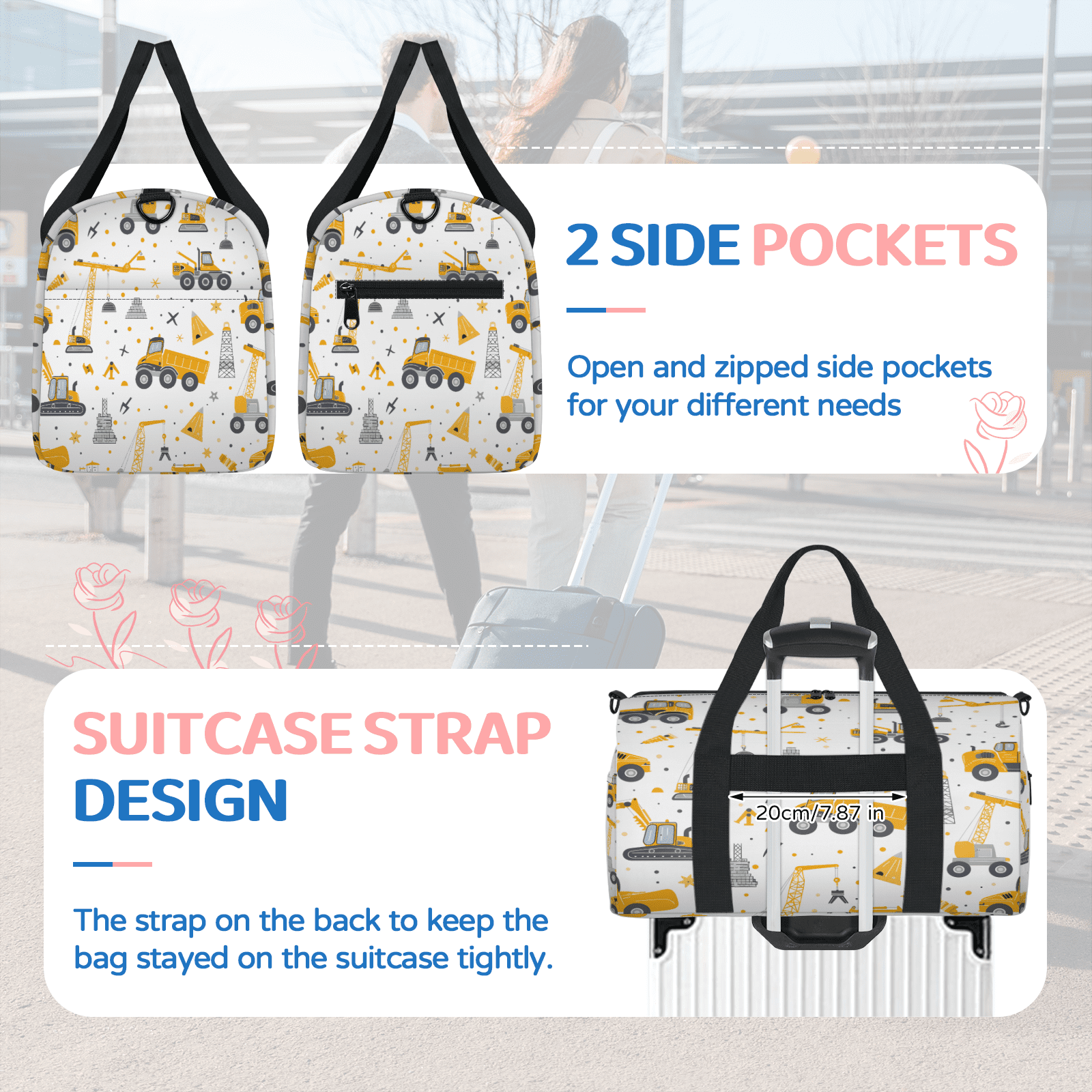 Herdesigns Tractor Excavator Gym Bag for Women, Duffle Bag for Travel Sport, Lightweight Waterproof Carry on Weekender Overnight Dance Yoga Workout Bags