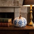 thumbnail image 6 of Blue White Floral Fabric Pumpkin Ornament, Stuffed Cloth Pumpkin Tabletop Decor, Farmhouse Indoor Decorative Pumpkin for Halloween Thanksgiving Shelf Mantel Home Display, 6 of 8