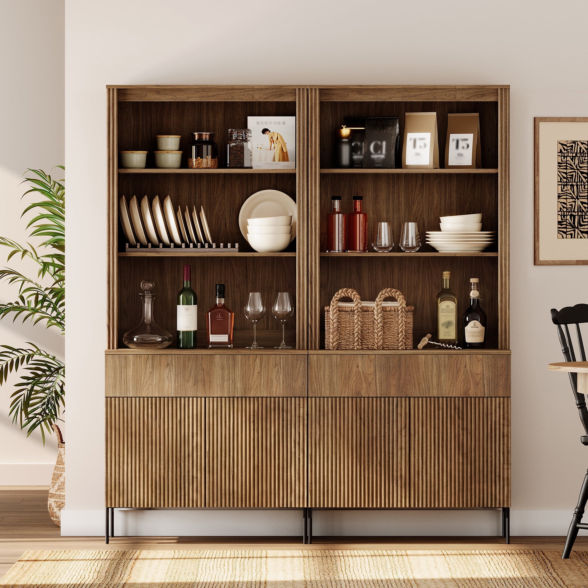 71.6" Tall Fluted Kitchen Pantry Cabinet Set of 2, Wood Bookcase Display Cabinet with Doors and Adjustable Shelves, Modern Versatile Cupboard For Dining Room, Bedroom