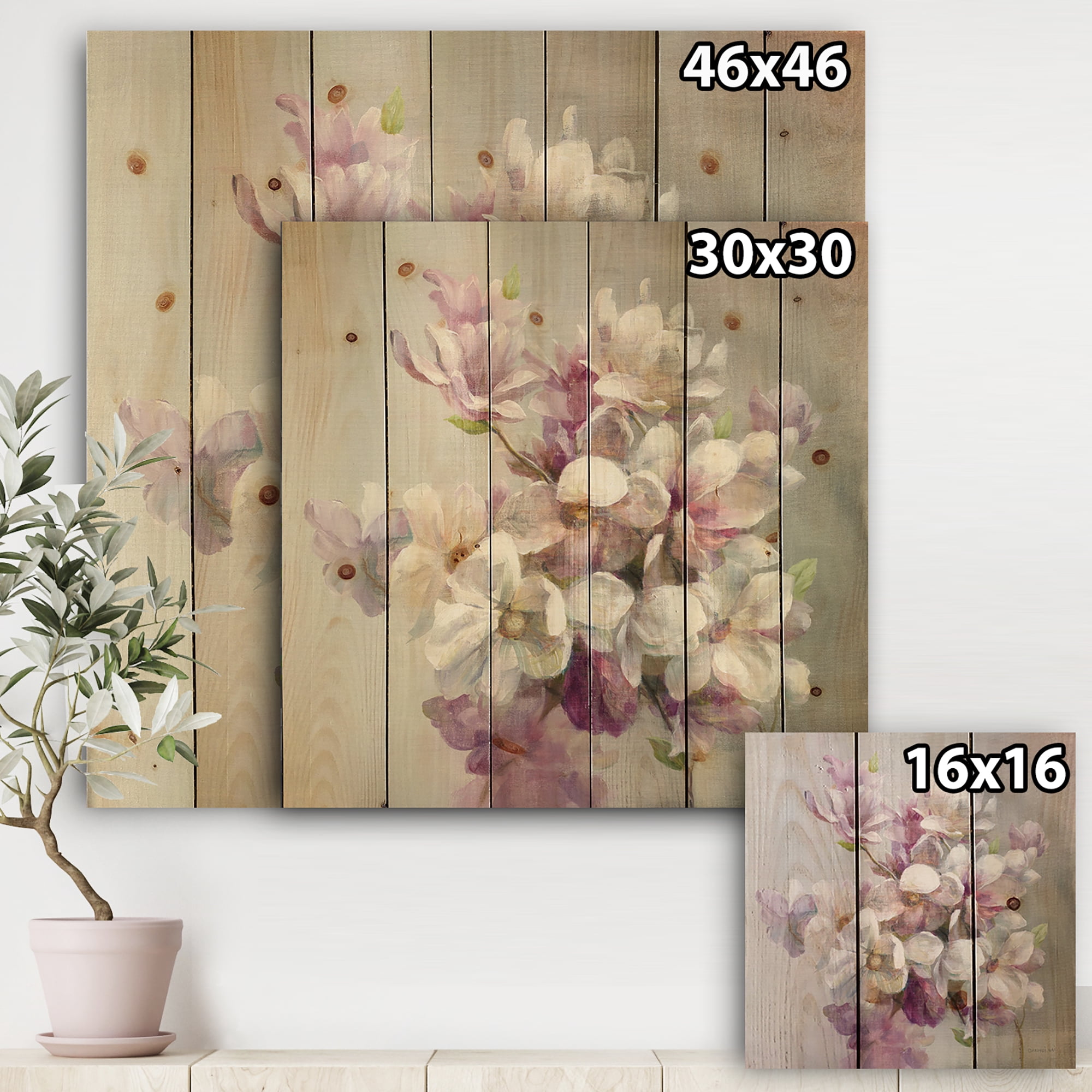 Designart 'Pink Magnolia Flowers' Shabby Chic Print on Natural Pine Wood