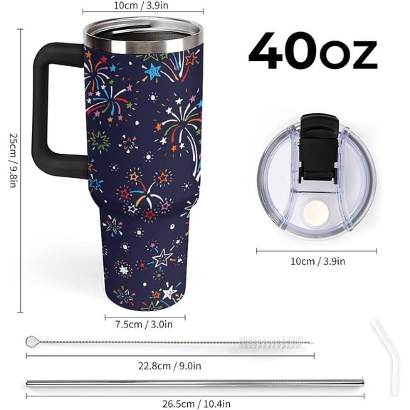 Doodle Fireworks Stars Tumbler with Lid And Straw 40oz Holiday Colorful Stainless Steel Cup Insulated, Large Capacity Car Cup, Leakproof Travel Tumbler Coffee Mug with Handle