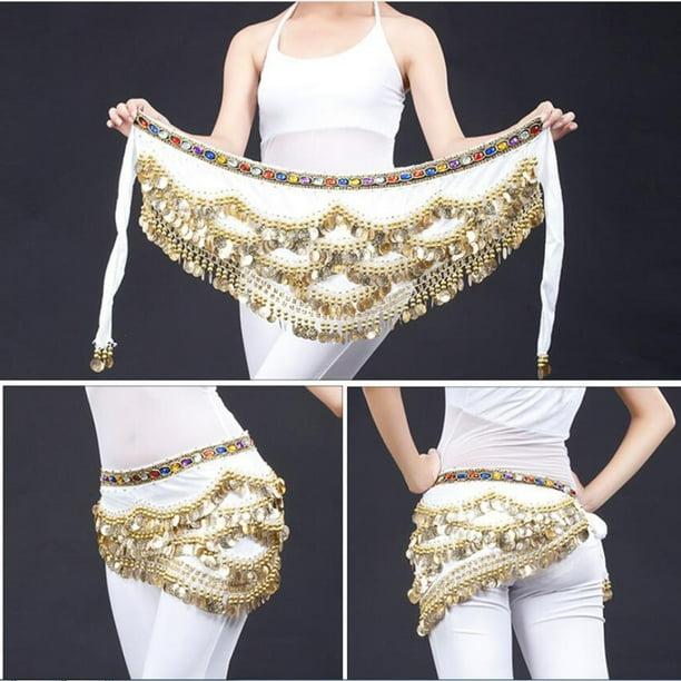 Belly Dance Hip Bufanda Monedas De Oro Belly Dance Costume Velvet Wrap Blanco Hugo Bufanda de la cadera de la danza del vientre de las mujeres
