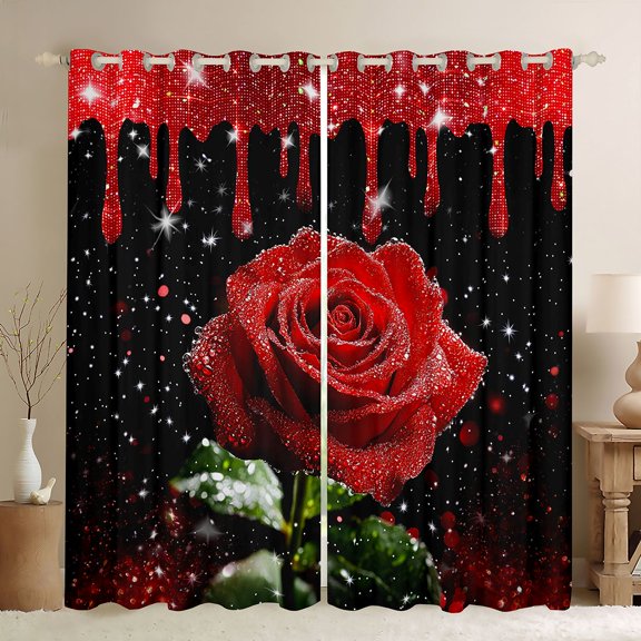 Homewish Valentine'S Day Rose Black Out Curtains,Romance Flower Floral Curtains Pack of 2 (42x63 Each),Black Red Bedroom Curtains For Men Women,Luxury Bedroom Decor