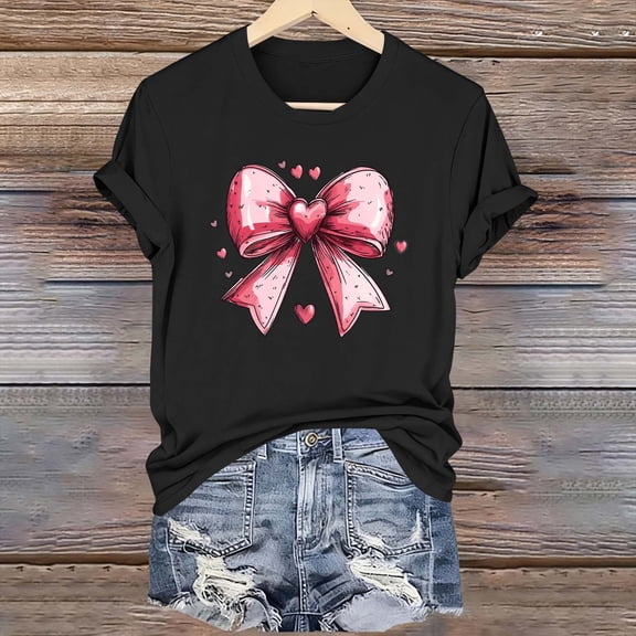 YueHuiYing Women's Valentine's Day Bow Graphic Fashion Casual Printed Round Neck Lovers Short Sleeved T-shirt Top