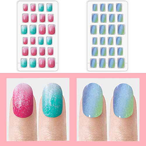 Laza 1pcs Children Nails Press On Pre Glue Full Cover Glitter Gradient Color Rainbow Sparkling Scale Wave Aquariusshort False Nail Kits For Kids Teenager Girls Little Mermaid Walmart Com