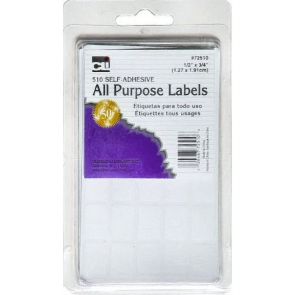 charles leonard all purpose labels, self-adhesive, 1/2 x 3/4 inch, white, 510/box (72510)