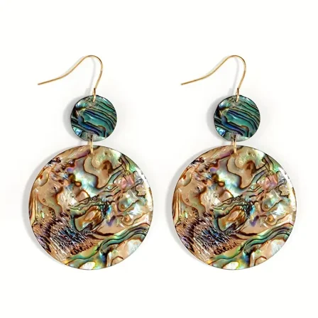1 Pair Abalone Shell Dangle Earrings - Double Round Shape, Ocean-Inspired, Simple Design, Holiday Vocation Ear Ornaments