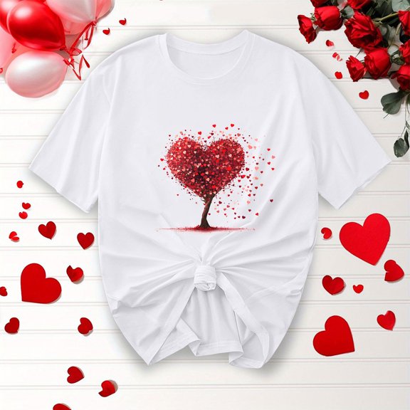 Wowcloth Women's Valentine's Day T-shirt, Round Neck Short Sleeve with Heart Print, Casual Comfortable for Gift, Dating and Everyday Wear