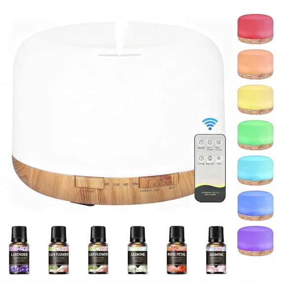 500ml Essential Oil Diffuser with 6*10ml Air Humidifier, 3 Timers 7 Colors Ambient Light with Remote Control, Fragrance Air Humidifier Vaporizer for Large Room Bedroom Office