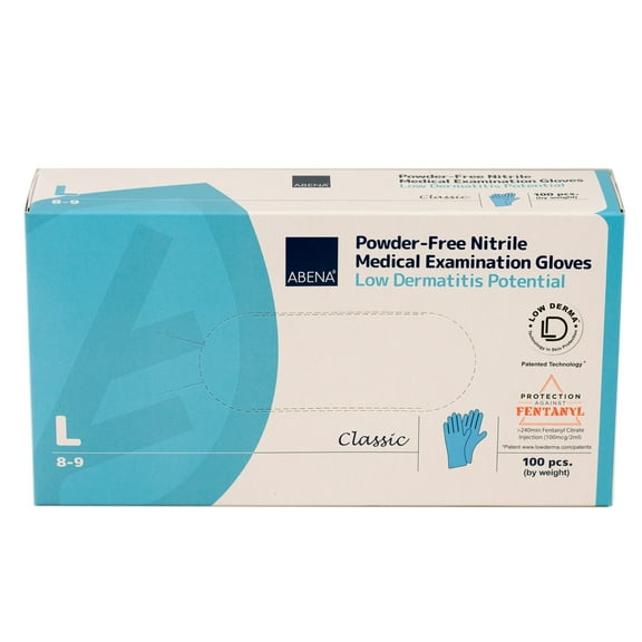 Abena Nitrile Exam Gloves, Large Latex Free, Powder Free, Textured Tips, Disposable, Non-Sterile, 100ct Box Of Gloves