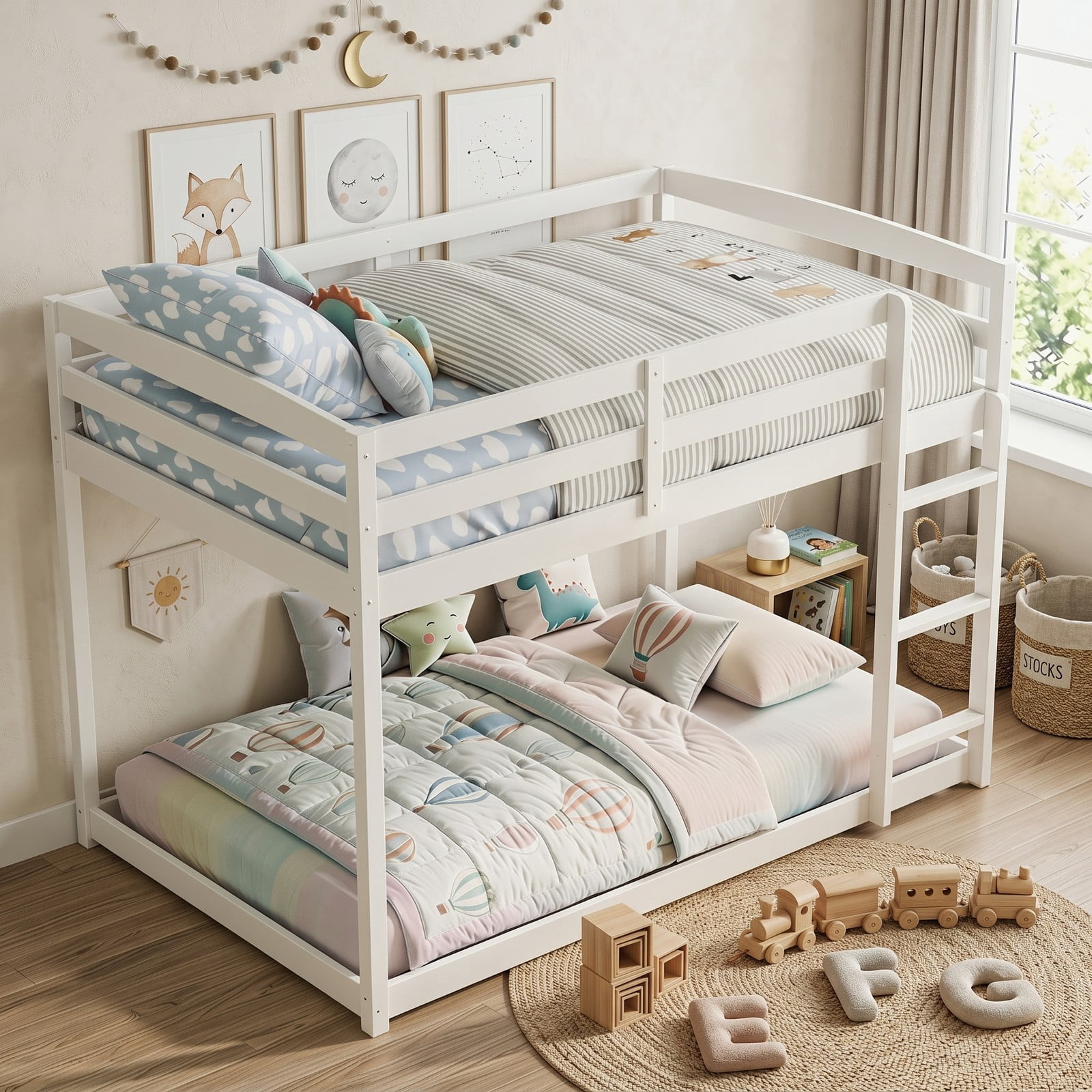 Furnibear Low-to-ground Full Over Full Wood Bunk Bed with Integrated Ladder and Safety Guardrails for Kids Shared Rooms, White