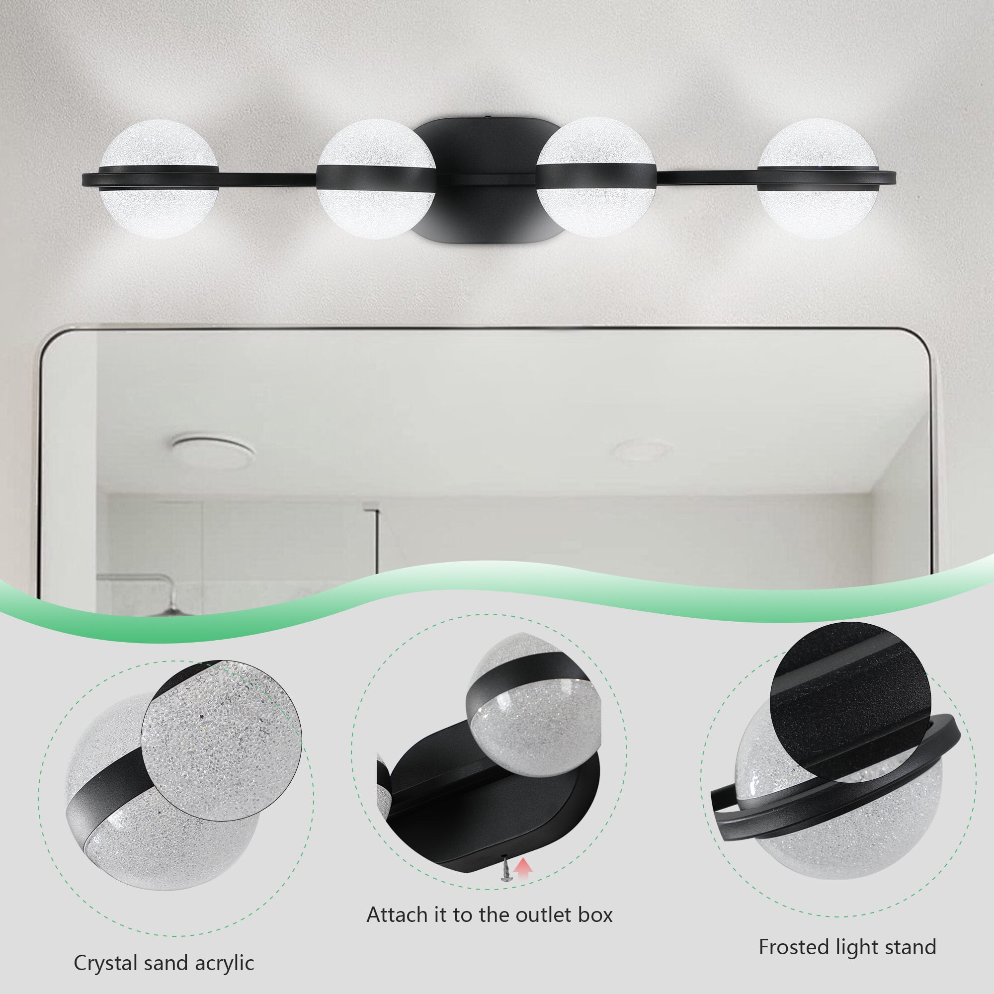 (Same as W1340P143677/L2001-B-4) 30" Black Minimalist LED Bathroom Vanity Light with Crystal Sand Acrylic Shades, 4-Light Wall Mounted Decorative Lighting Fixture, Suitable for Bathroom Vanity Mirror