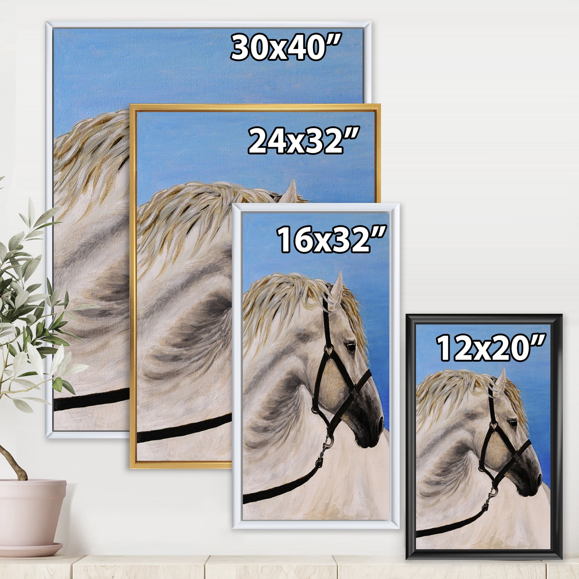 Designart 'Close Up Of White Horse In The Furrow' Farmhouse Framed Canvas Wall Art Print