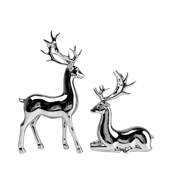 Large Solid Silver Resin Deer Figurines Set of 2, Electroplated Reindeer Statues for Home Tabletop Christmas Decor