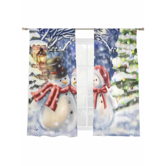 Christmas Snowman Sheer Curtains 2 Panels Set, Winter Snow Dreamy Illustration Window Sheer Curtains for Living Room/Bedroom, Light Filtering Rod Pocket Voile Drapes, 52" W x 72" L