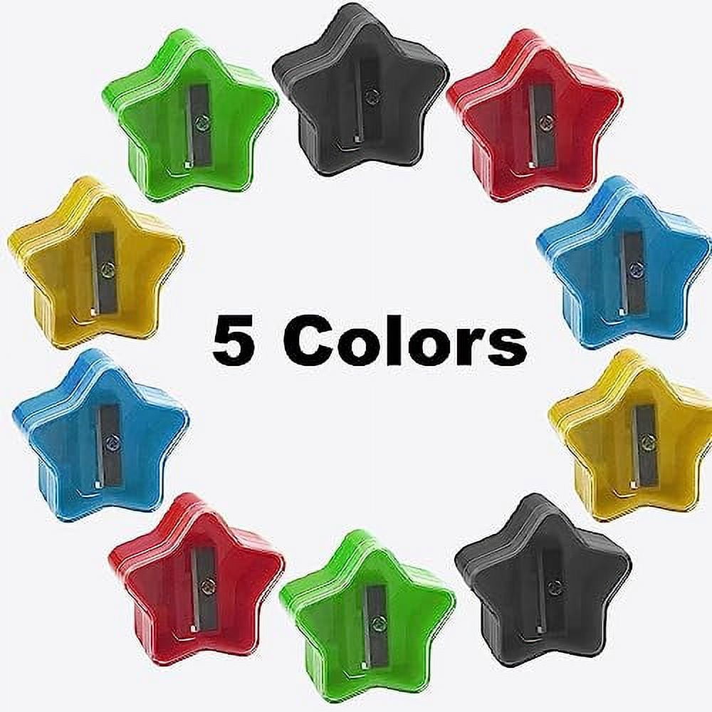 100 Pack of Bulk Wholesale Star Shaped Plastic Manual Handheld Pencil Sharpeners in Black, Red, Blue, Green and Yellow Color Assortment
