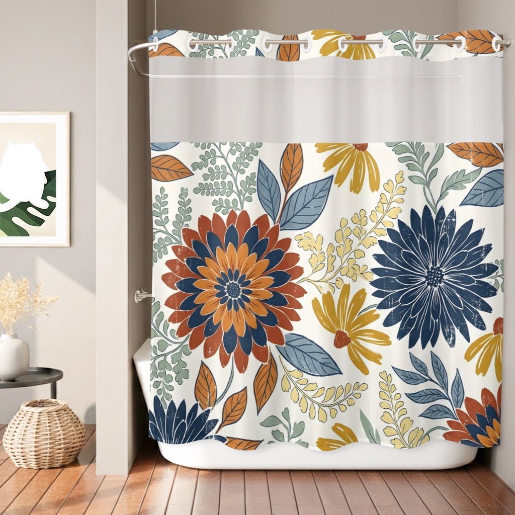 Colorful Floral Shower Curtain Bohemian Orange Teal Petals Leaves Waterproof No Hooks Bath Shower Curtain with See Through Top Window for Bathroom Bathtub 66x72in