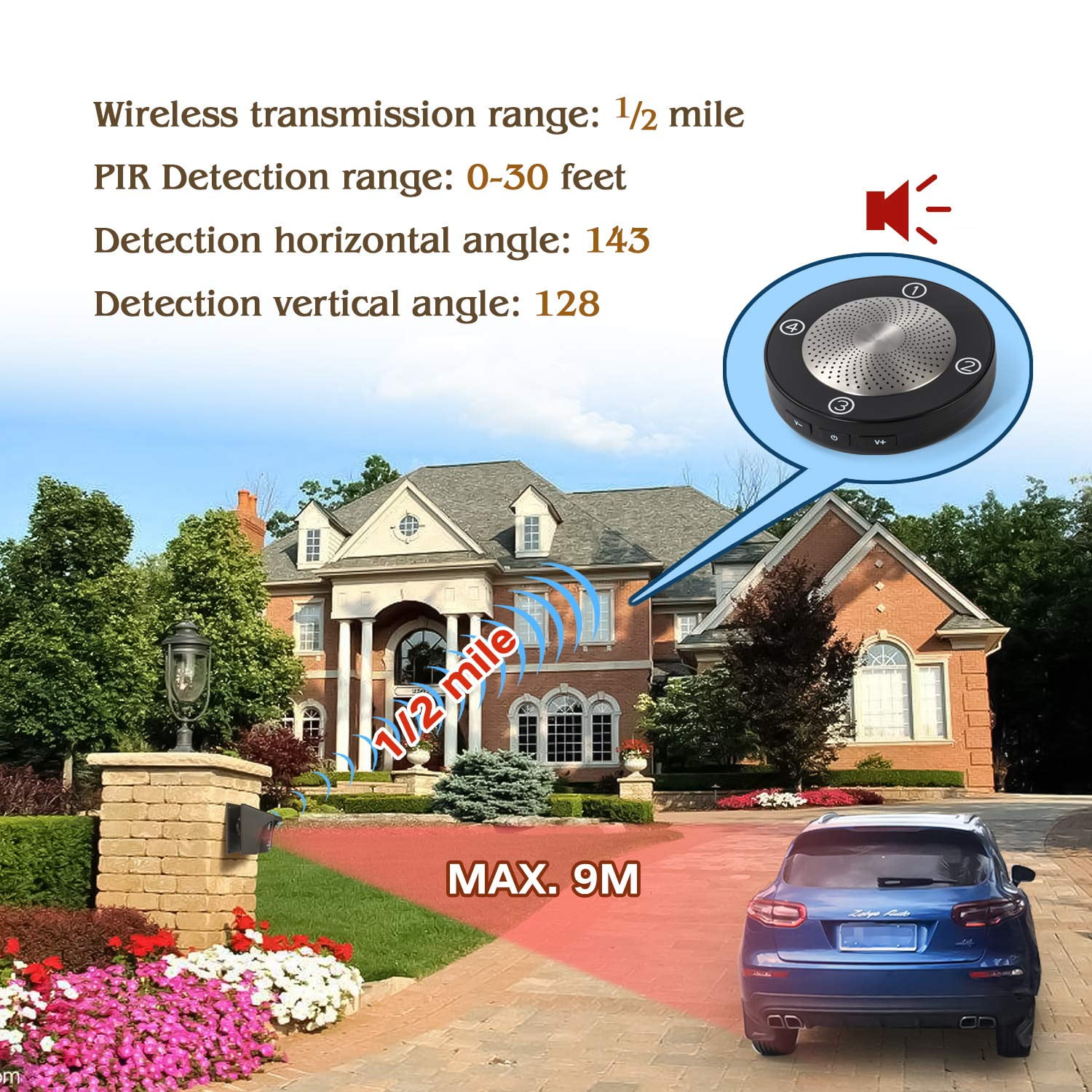 Waterproof Security Alert System with 52 Chime Tunes Outdoor Weather Resistant Motion Sensor & Detector Max 105 db 500 ft Long Range Wireless Driveway Alarm 1 Set 4 Level Volume 