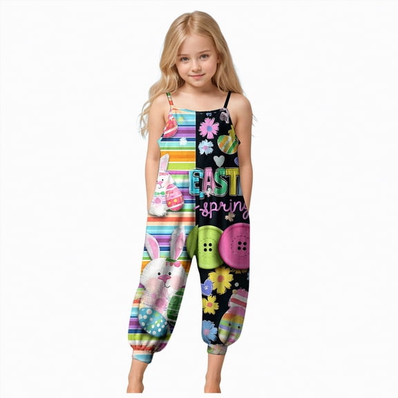 Linfrsh Toddler Girls Kids Jumpsuit One Piece Floral Strap Romper Summer Easter Outfits Clothes(Beige,3-4 Years)
