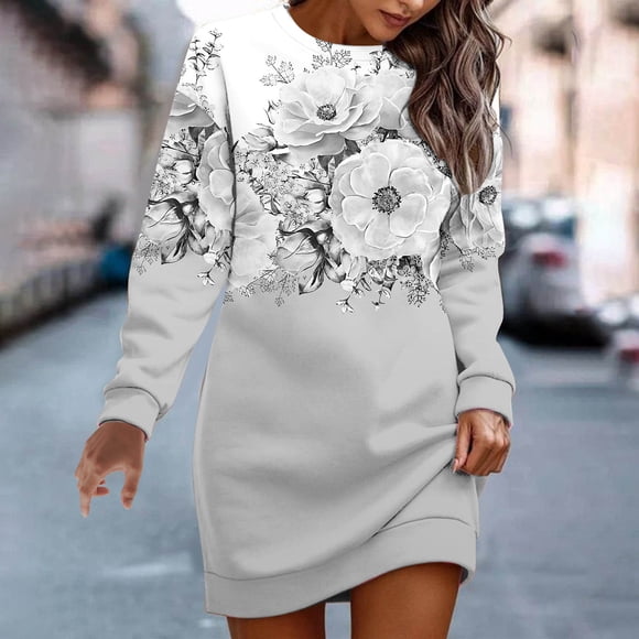 FcBaudy Long Sleeve Round-Neck Mid-Calf Dress,Summer Dresses for Women,Womens Dresses Women's Casual Floral Printing Long Sleeve Round-Neck Mid-Calf Dress Women Dress