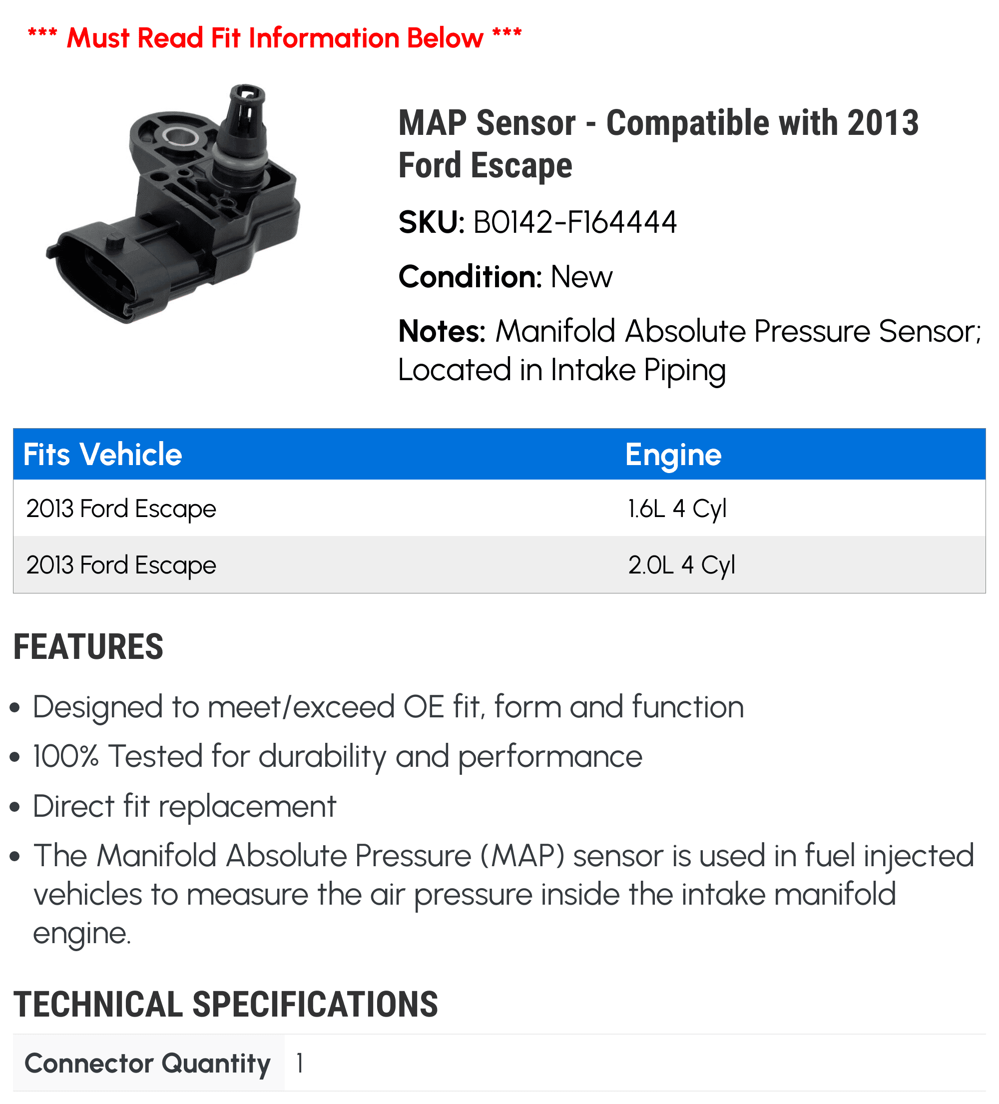 MAP Sensor - Compatible with 2013 Ford Escape