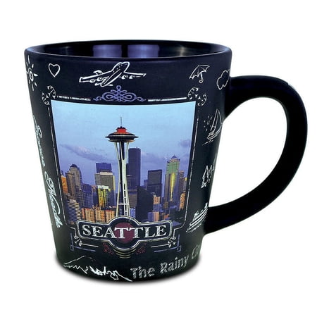 Puzzled Ceramic Black ?Seattle Skyline" Latte Mug, 3.75 Inch Handy Tumbler for Coffee Milk Tea Insulated Travel Cup with Handle Indoor Outdoor Drinkware Famous Sites Themed Home & Kitchen Accessory