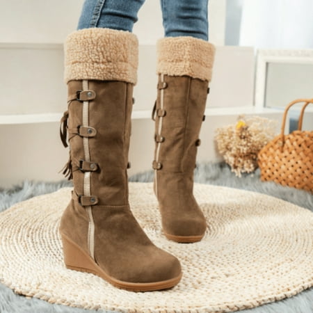 

Women‘s Wedge Knee High Boots Cross Strap Back Lace Up Tassel Plush Comfy Shoes Round Toe Thermal Shoes